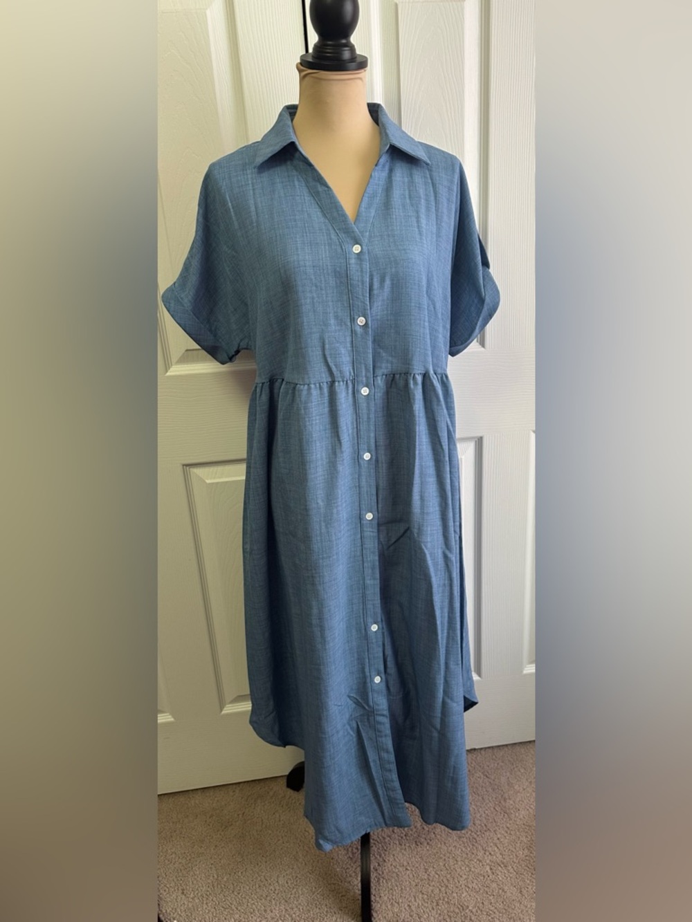 Relaxed Chambray Button-Front Maxi Dress in Light Blue